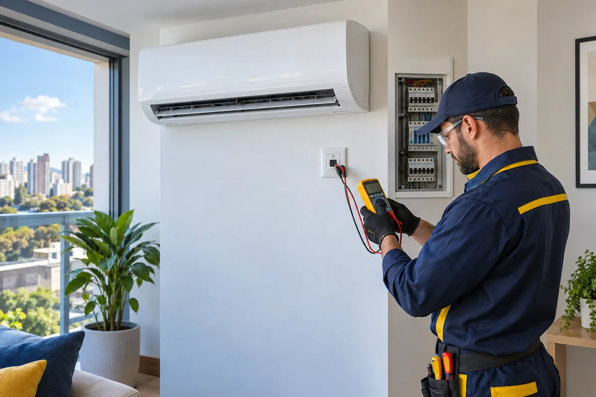 Eletricista verificando circuito elétrico exclusivo para ar-condicionado em apartamento de Guarulhos