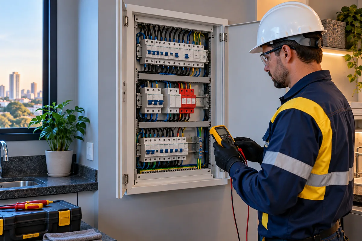 Eletricista verificando dispositivos DR e DPS instalados em quadro elétrico em Guarulhos
