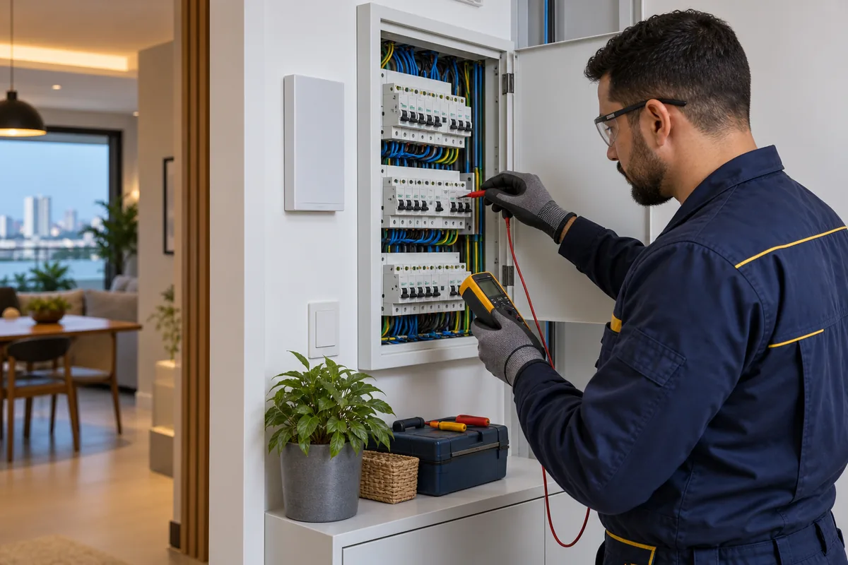 Eletricista verificando disjuntor desarmando em quadro elétrico residencial em Guarulhos