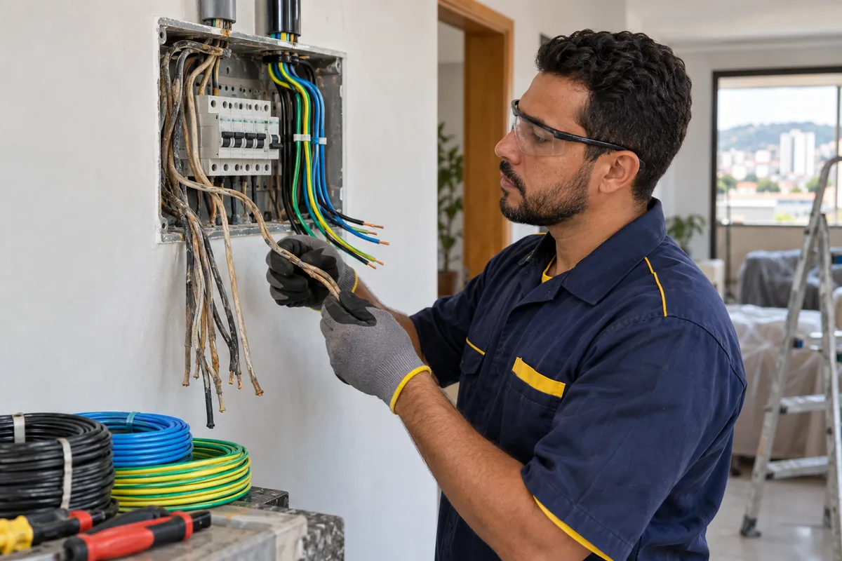 Eletricista avaliando fiação elétrica antiga antes da troca em uma casa de Guarulhos