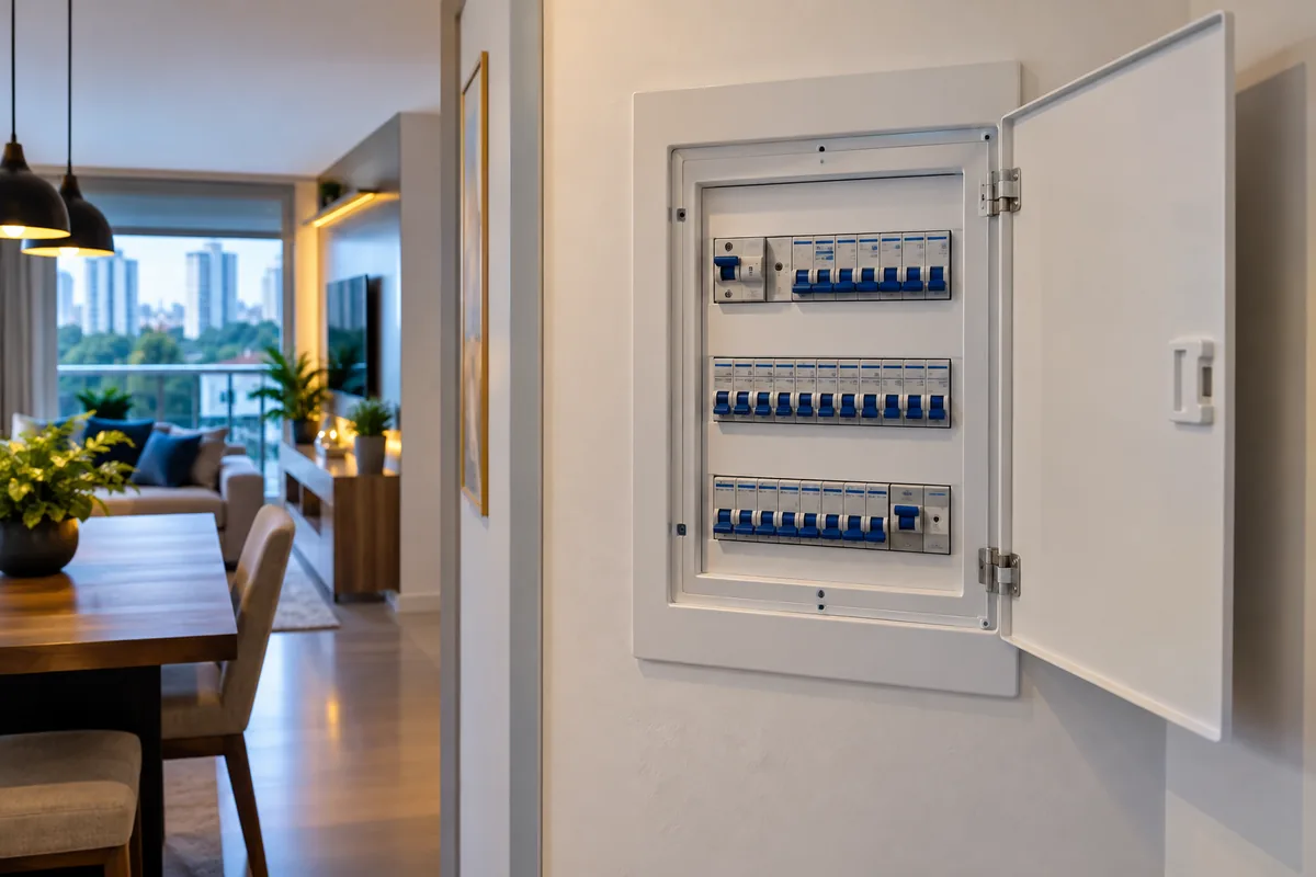 Quadro residencial modernizado durante adequação elétrica em Guarulhos