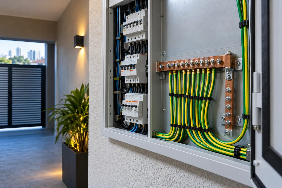 Barramento de terra organizado em quadro elétrico residencial em Guarulhos