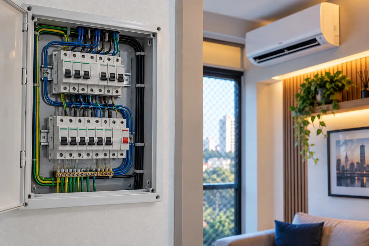 Disjuntor dedicado para ar-condicionado instalado em quadro residencial em Guarulhos