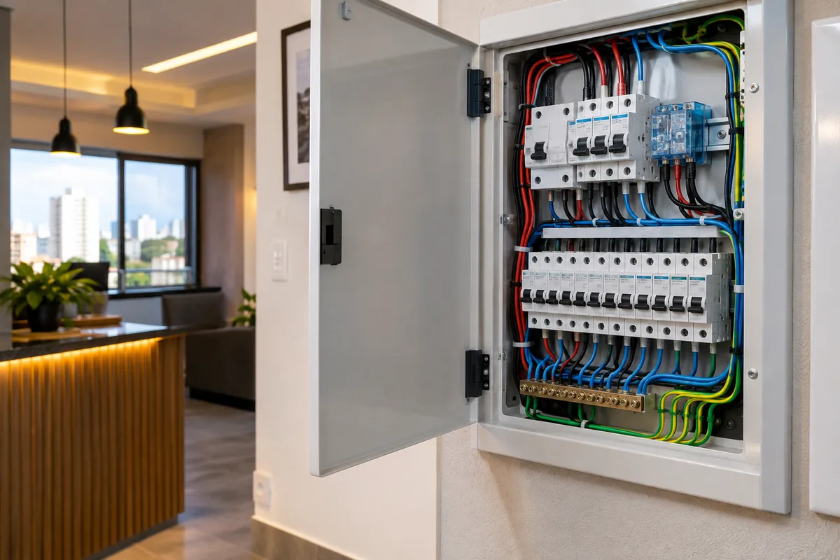 Quadro elétrico organizado após identificação e conserto de curto-circuito em Guarulhos