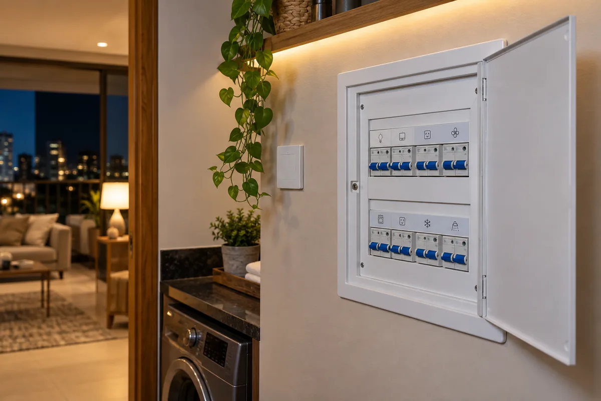 Quadro elétrico residencial organizado após atendimento de eletricista 24 horas em Guarulhos