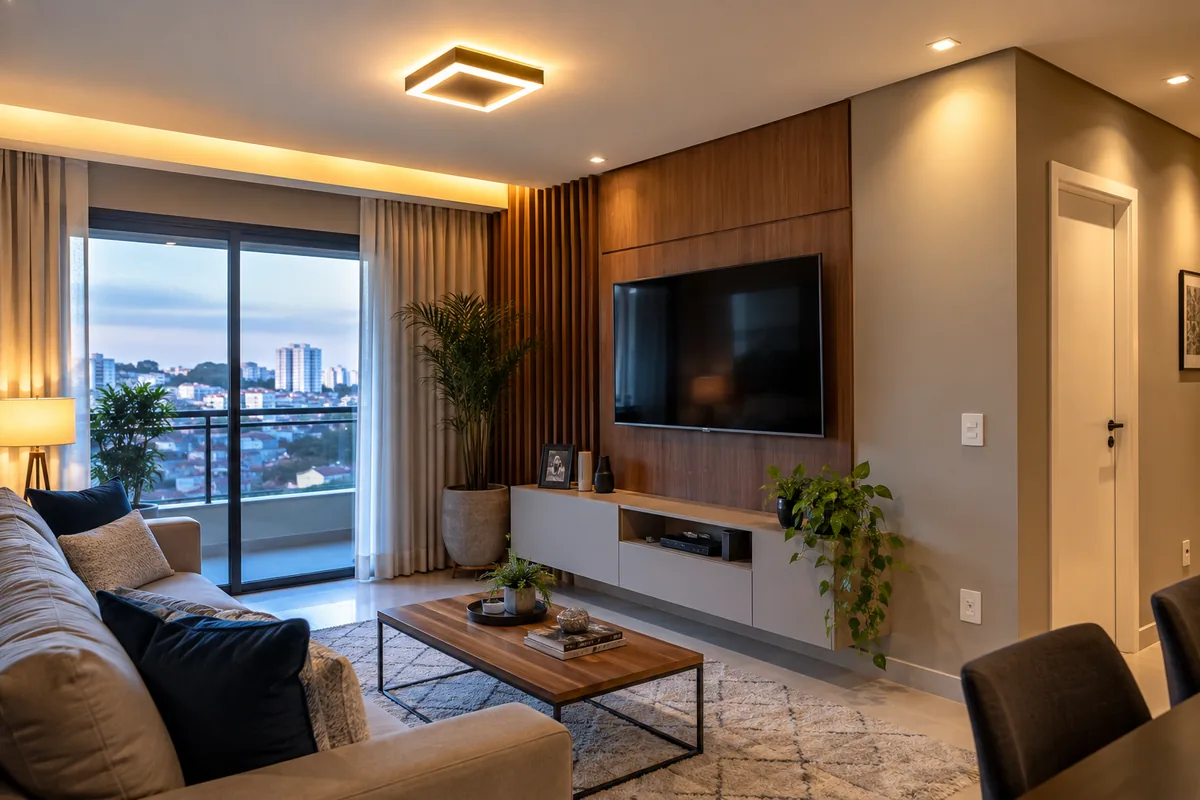 Sala com iluminação renovada por eletricista residencial em Guarulhos
