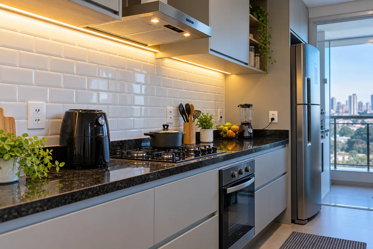Tomadas novas instaladas em cozinha residencial em Guarulhos