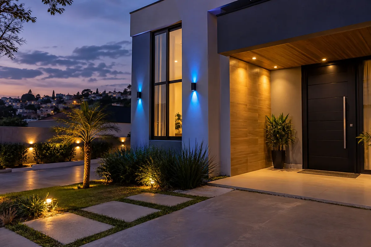 Iluminação LED arquitetural instalada em fachada residencial em Guarulhos