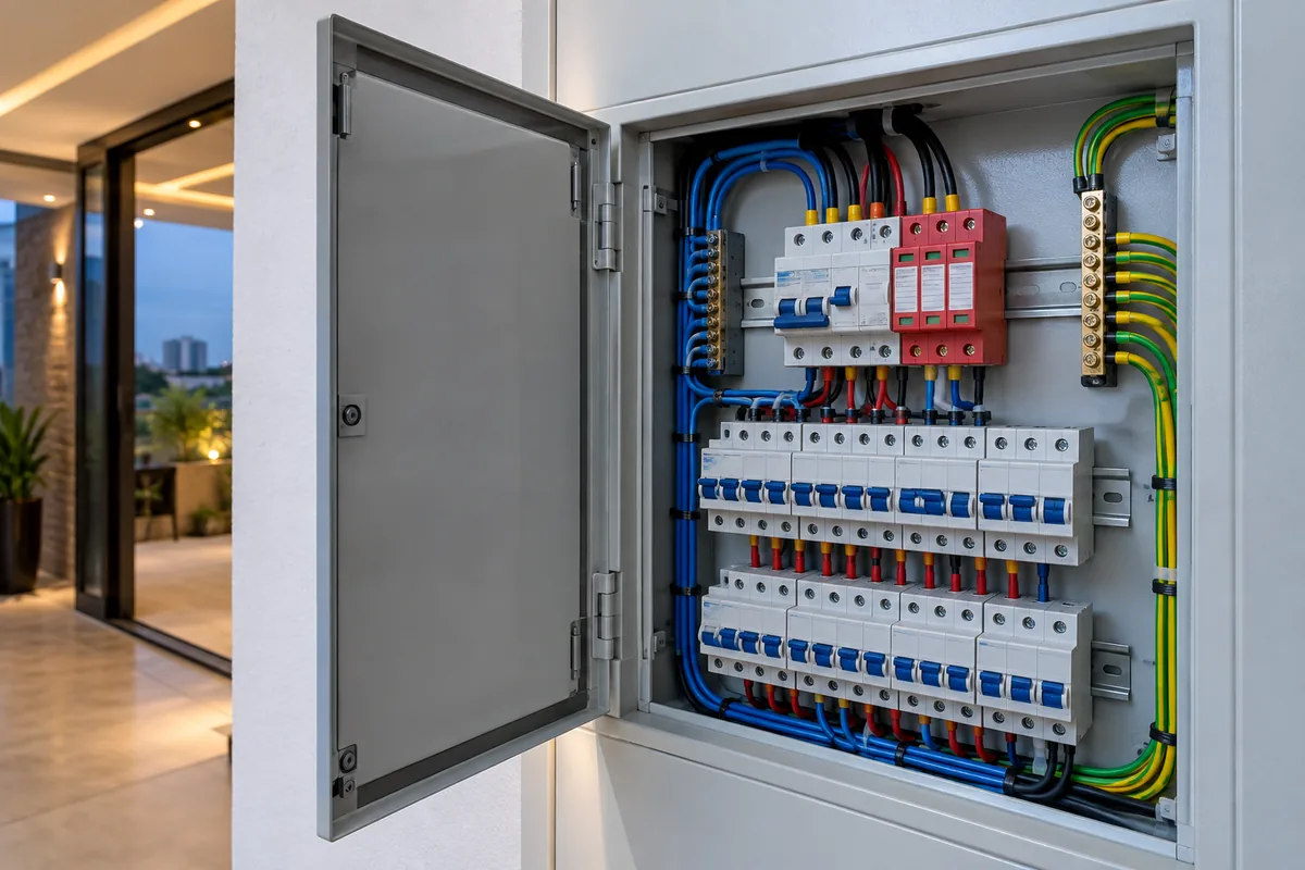 Dispositivos de proteção DR e DPS instalados em quadro comercial em Guarulhos