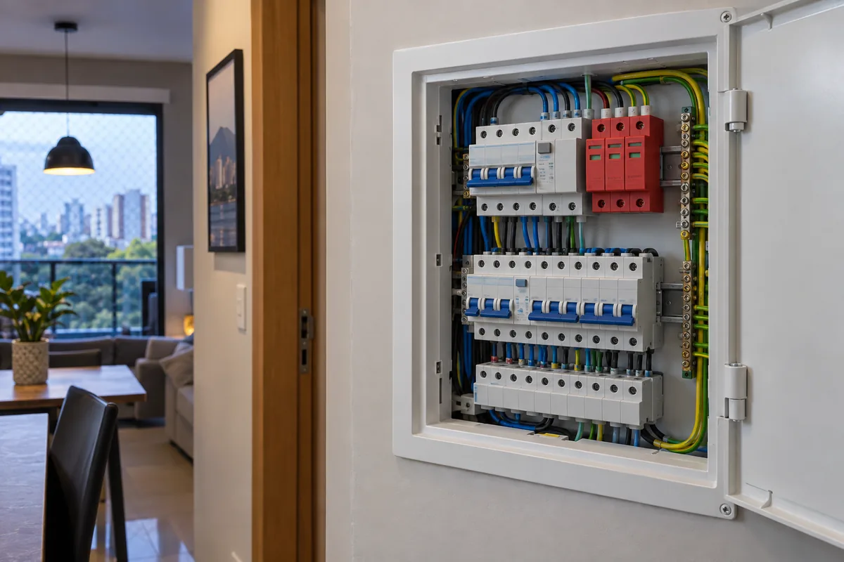DR e DPS instalados em quadro elétrico residencial em Guarulhos