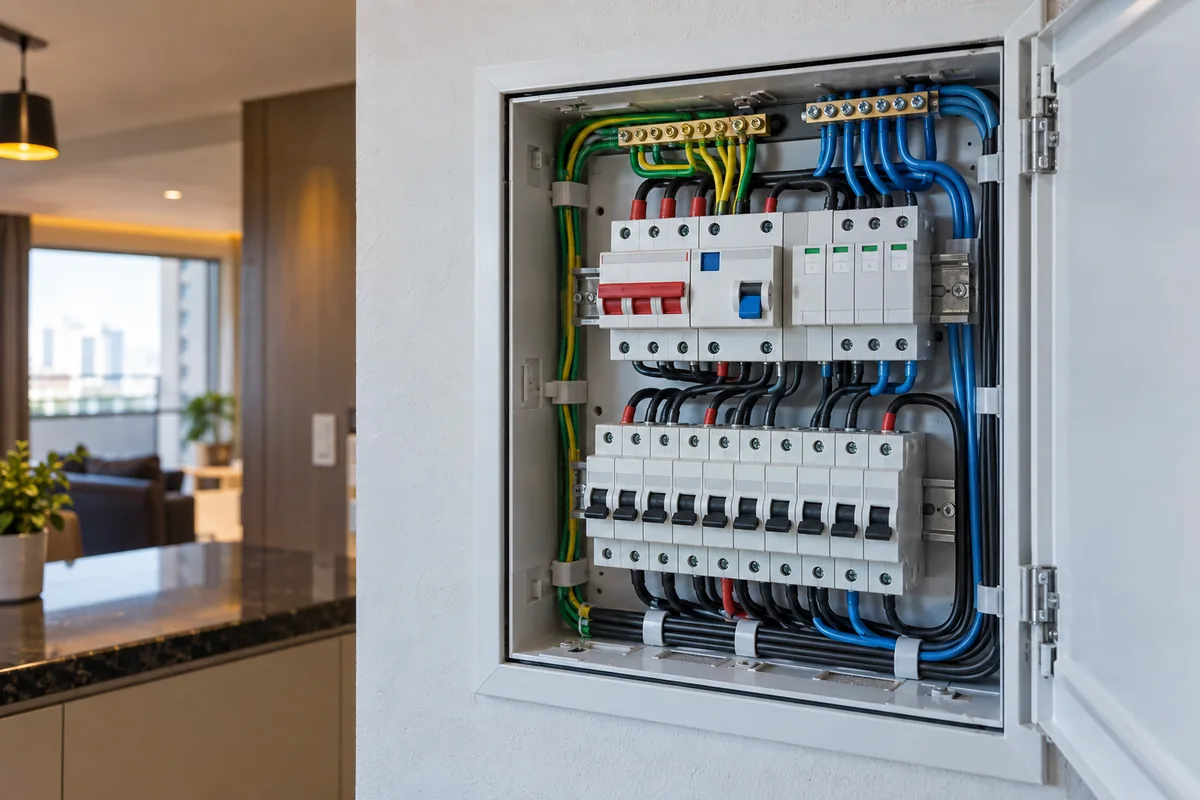 Quadro residencial organizado após instalação de dispositivos DR e DPS em Guarulhos