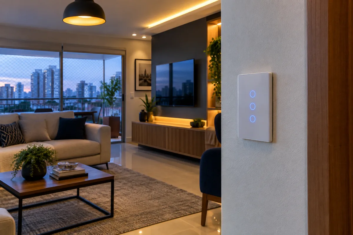 Interruptor inteligente instalado em sala residencial em Guarulhos