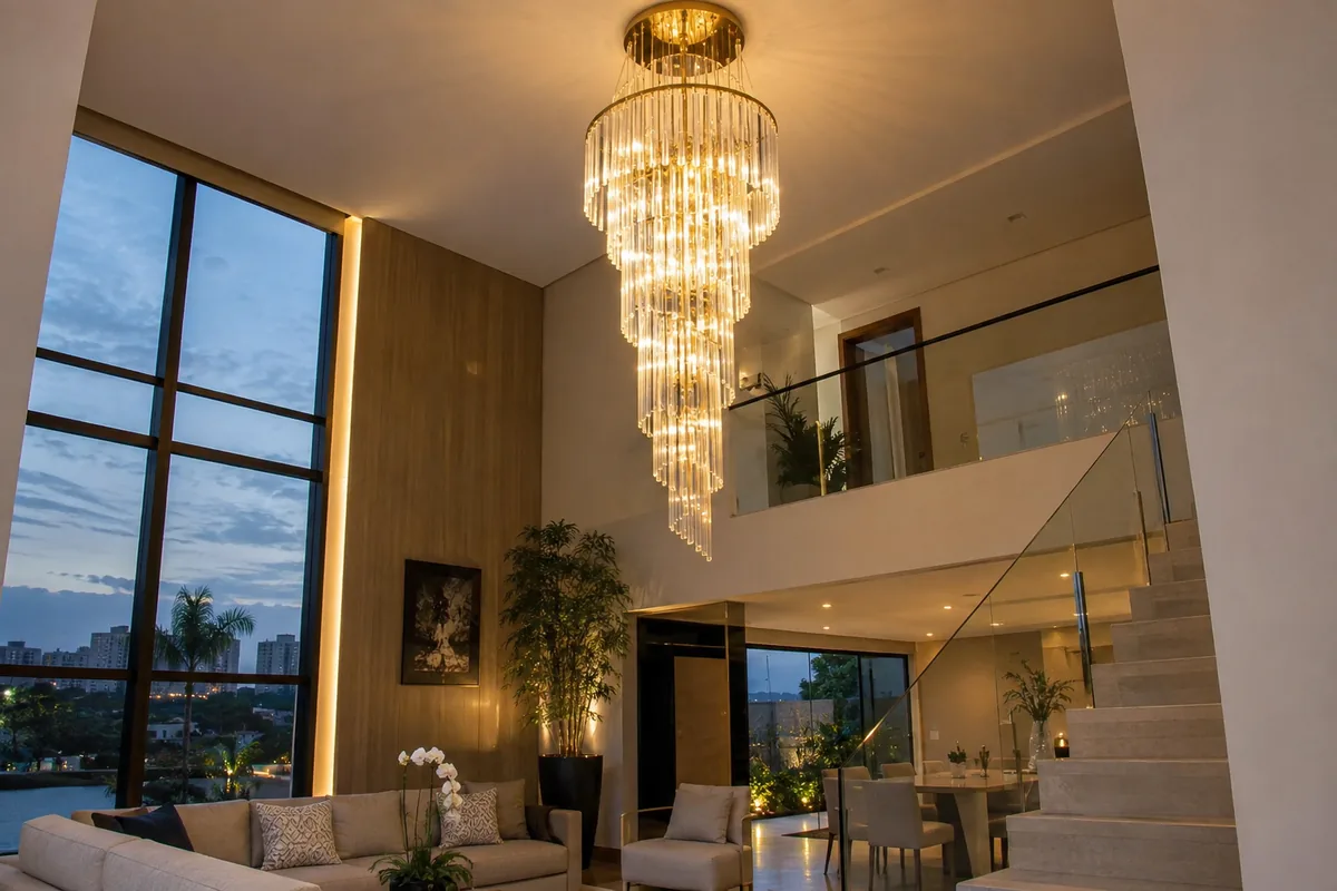 Lustre instalado em sala com pé-direito alto em Guarulhos