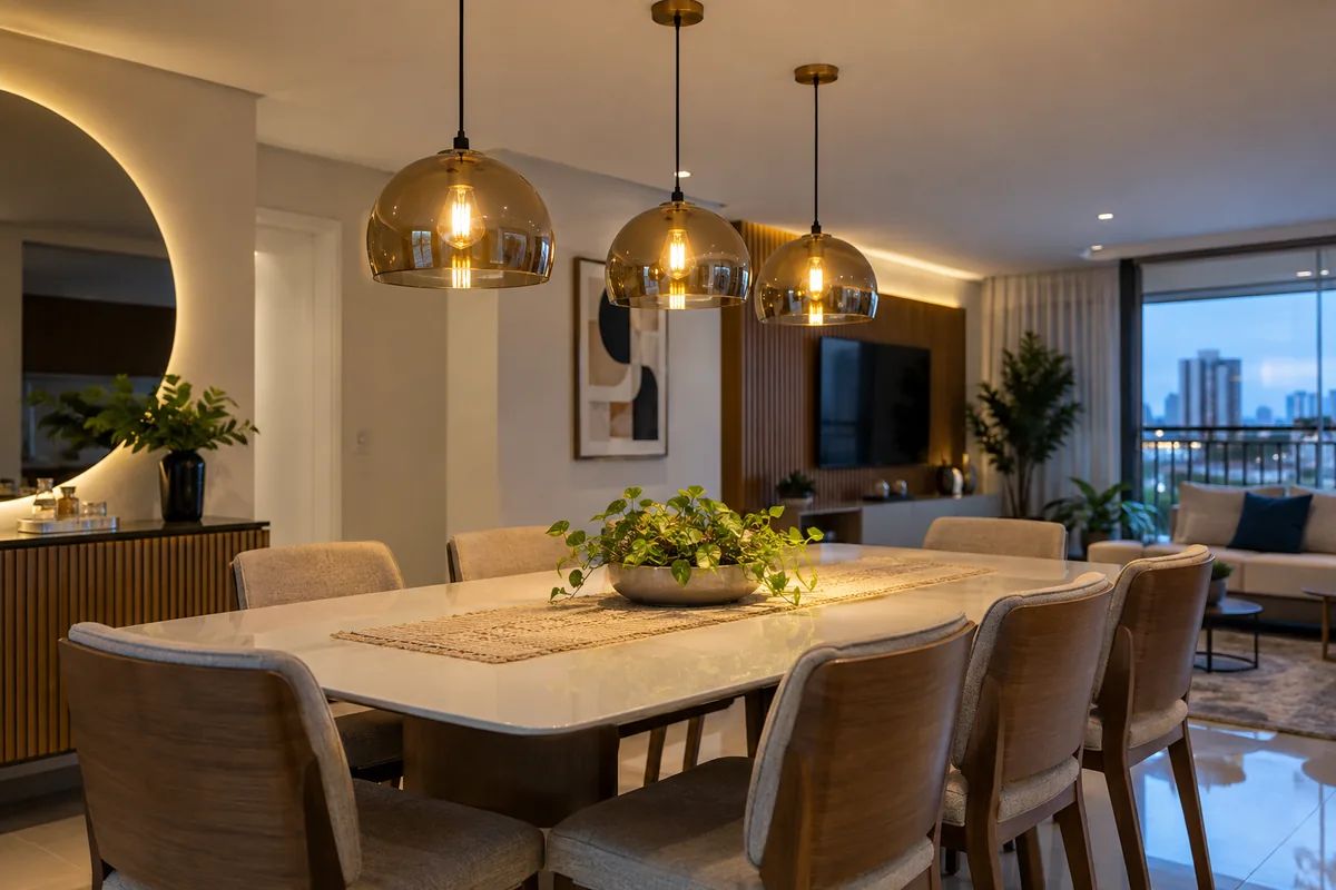 Luminárias pendentes instaladas sobre mesa de jantar em Guarulhos