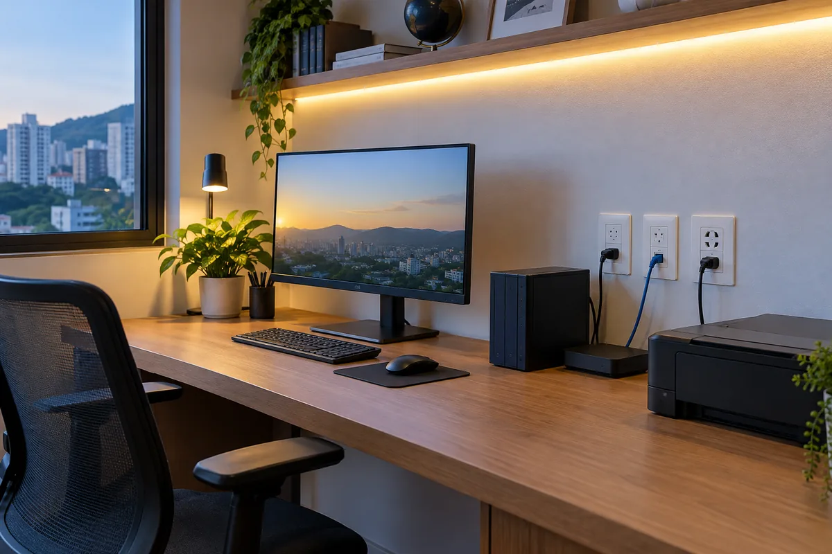 Conjunto de tomadas instalado em home office residencial em Guarulhos
