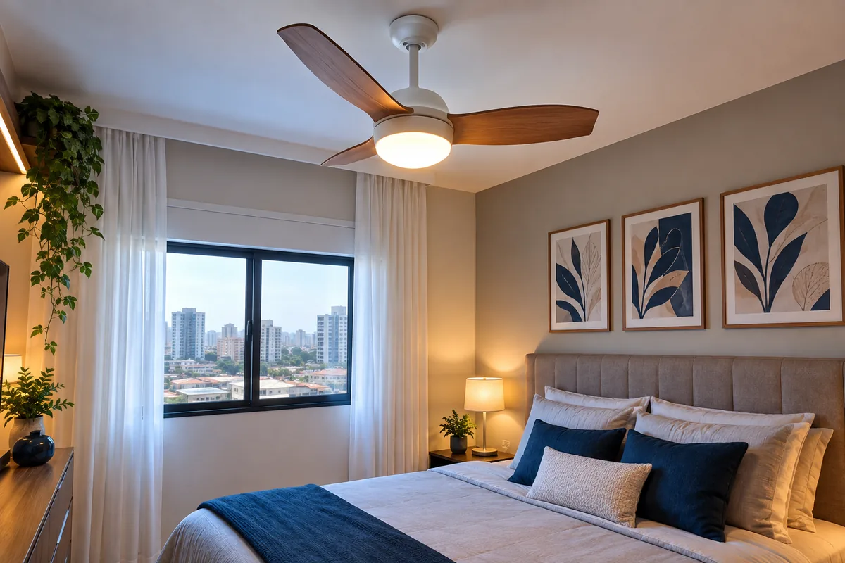 Ventilador de teto com luminária instalado em quarto em Guarulhos