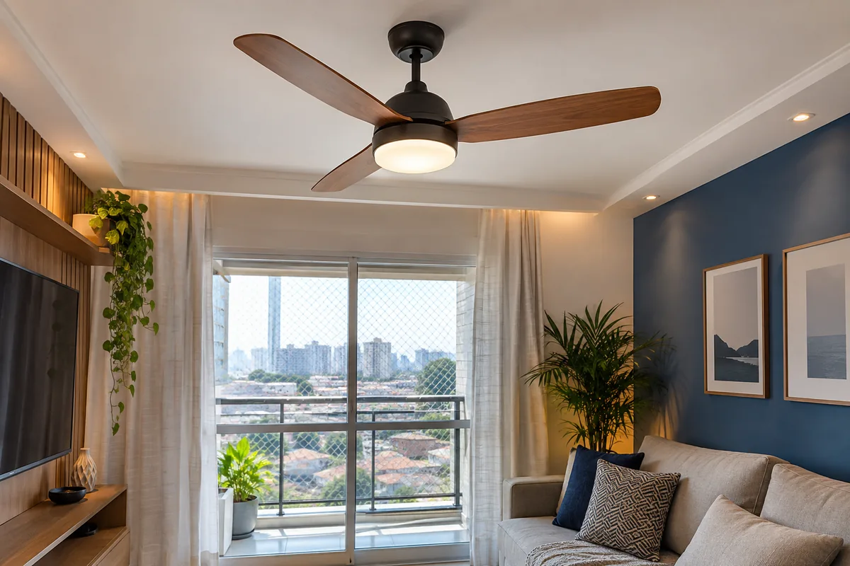 Ventilador de teto instalado e centralizado em sala residencial em Guarulhos