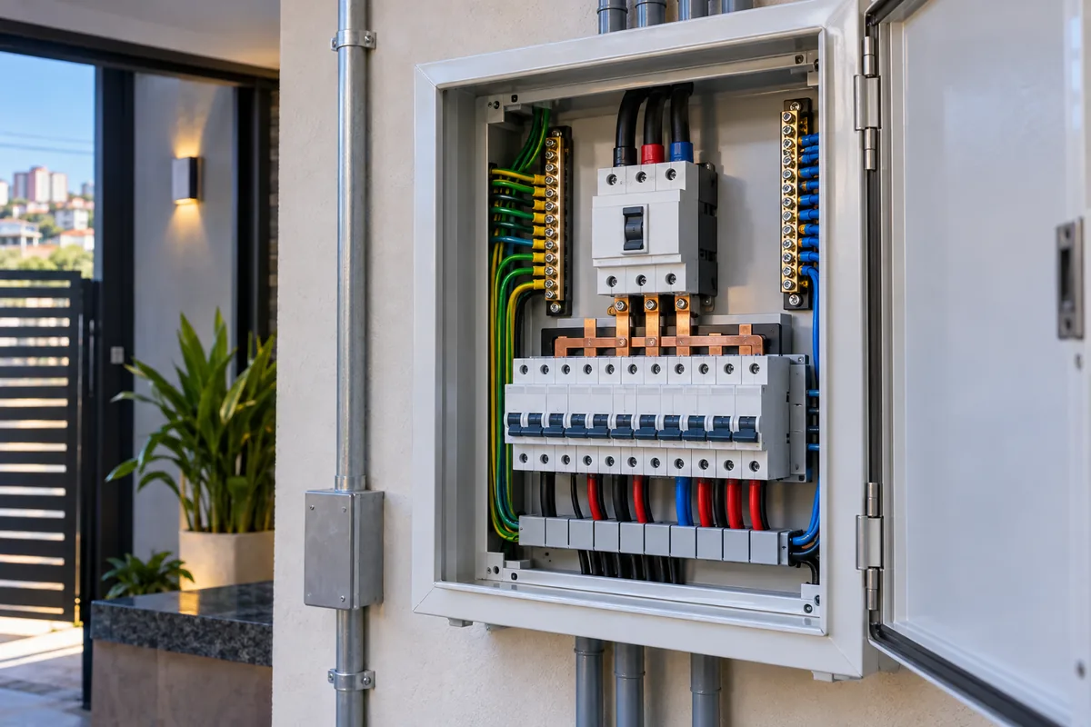 Disjuntores instalados e organizados em quadro elétrico comercial em Guarulhos