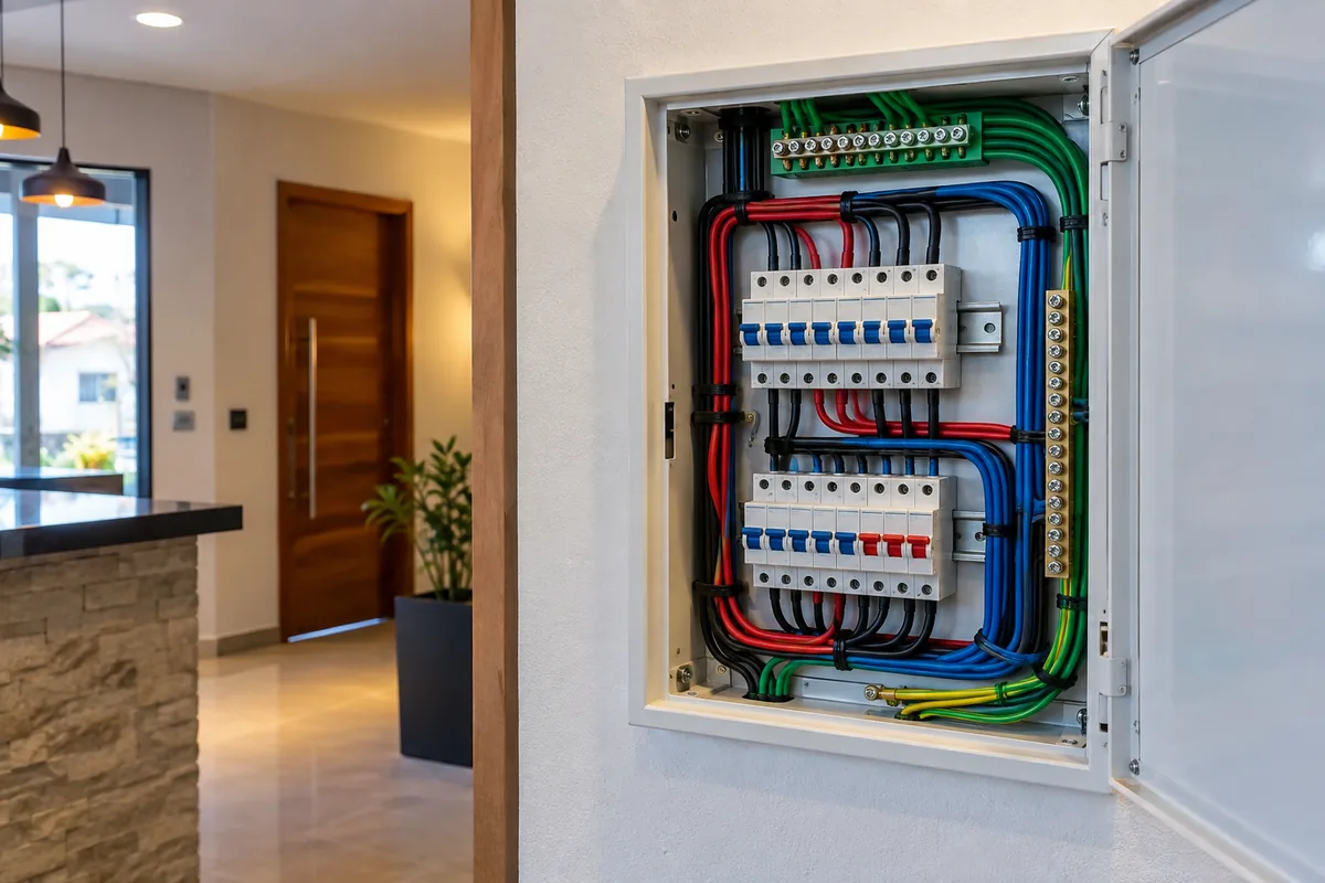 Cabos elétricos novos organizados em quadro residencial em Guarulhos